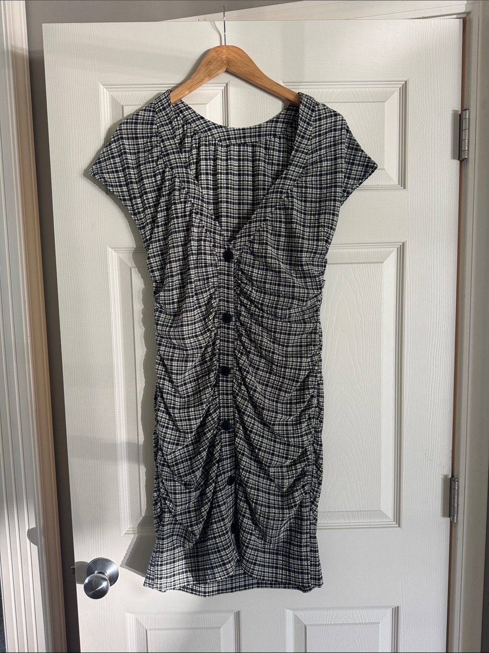 Ganni Black & White Plaid Ruched Button-Front Midi Dress
